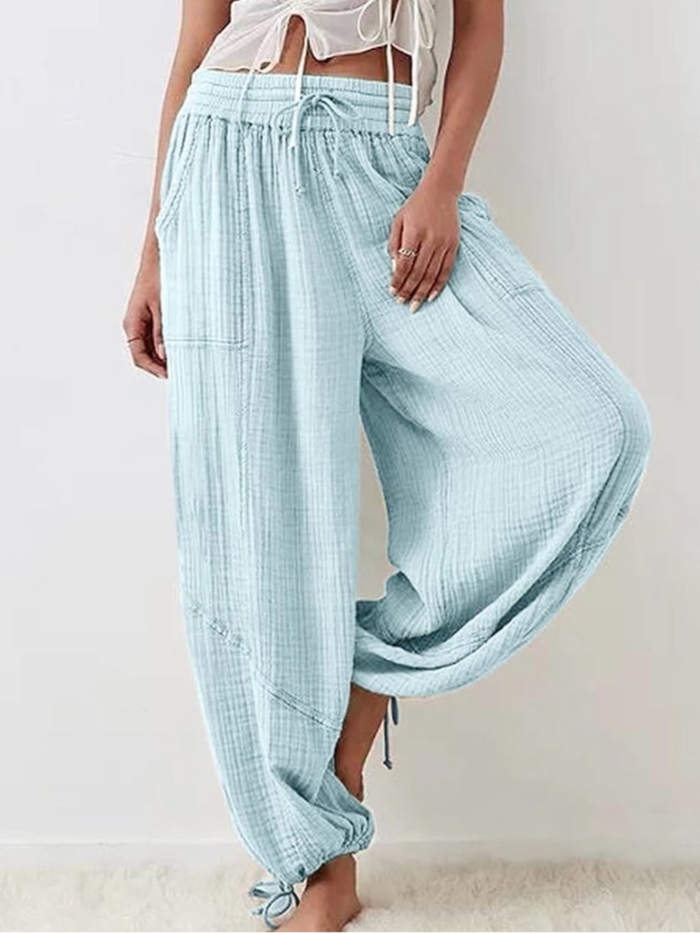 Amazon Light Blue gauze print Drawstring Wide-Leg Cotton Pants - Picture 4 of 4